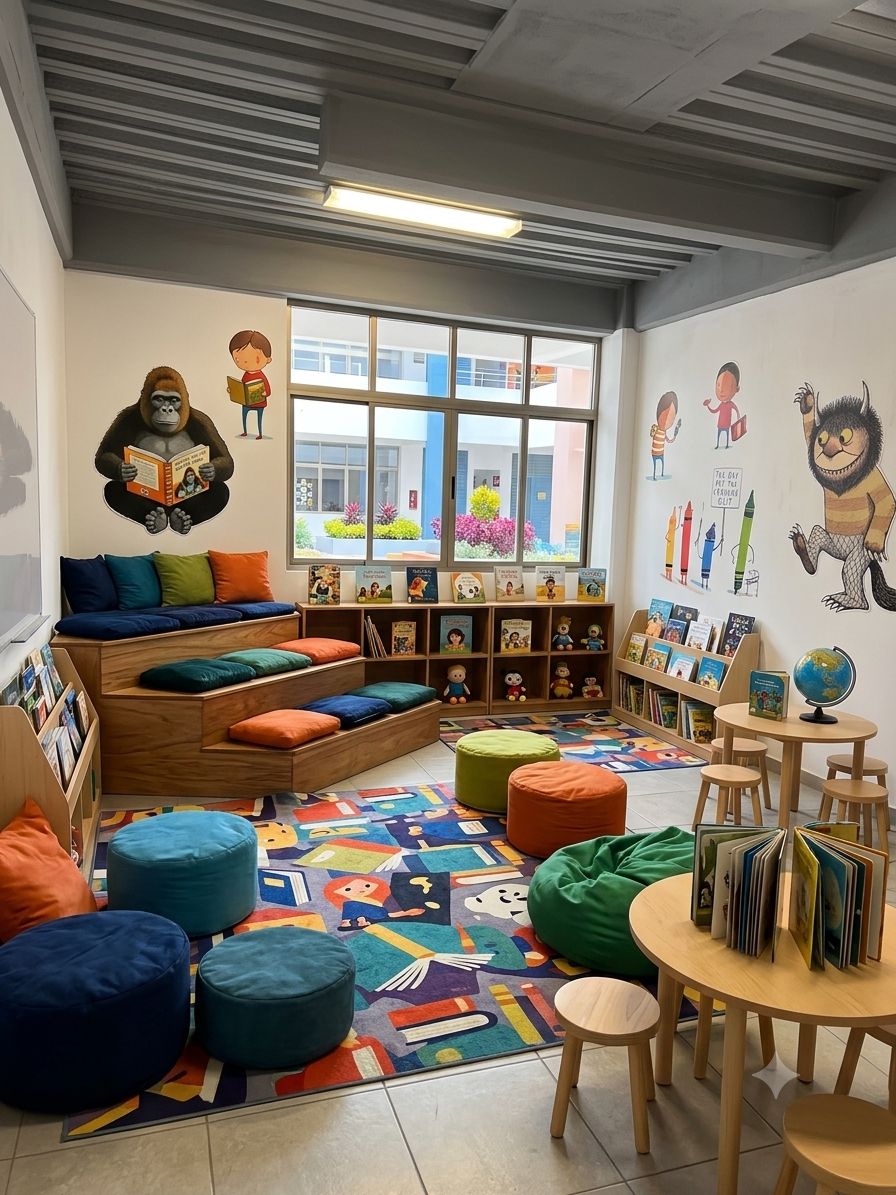 Salón de Prefirst con área de lectura y juego